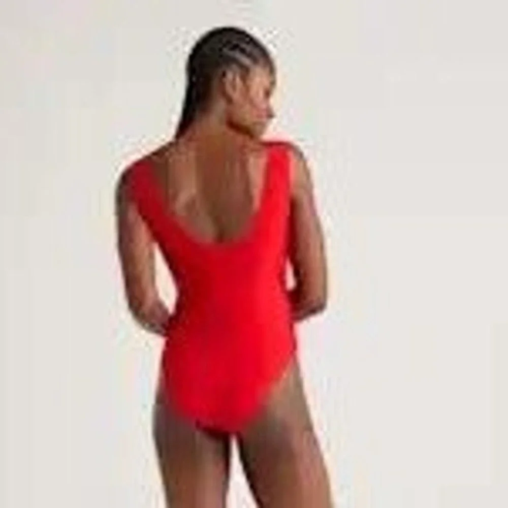 New Quince Italian Plunge One-Piece Swimsuit Red V Neck Thick Straps
